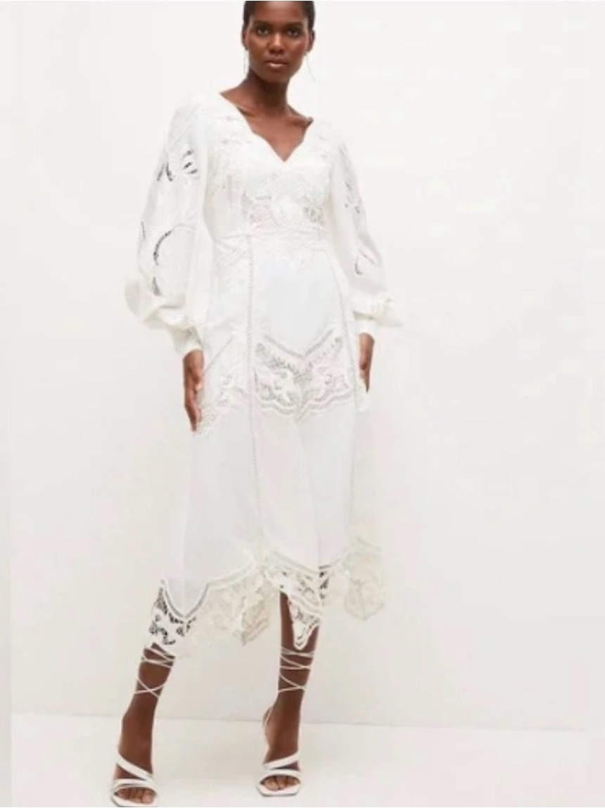 Karen Millen Women’s Cutwork Beaded Drama Sleeve Woven Midi Dress Size 2 New
